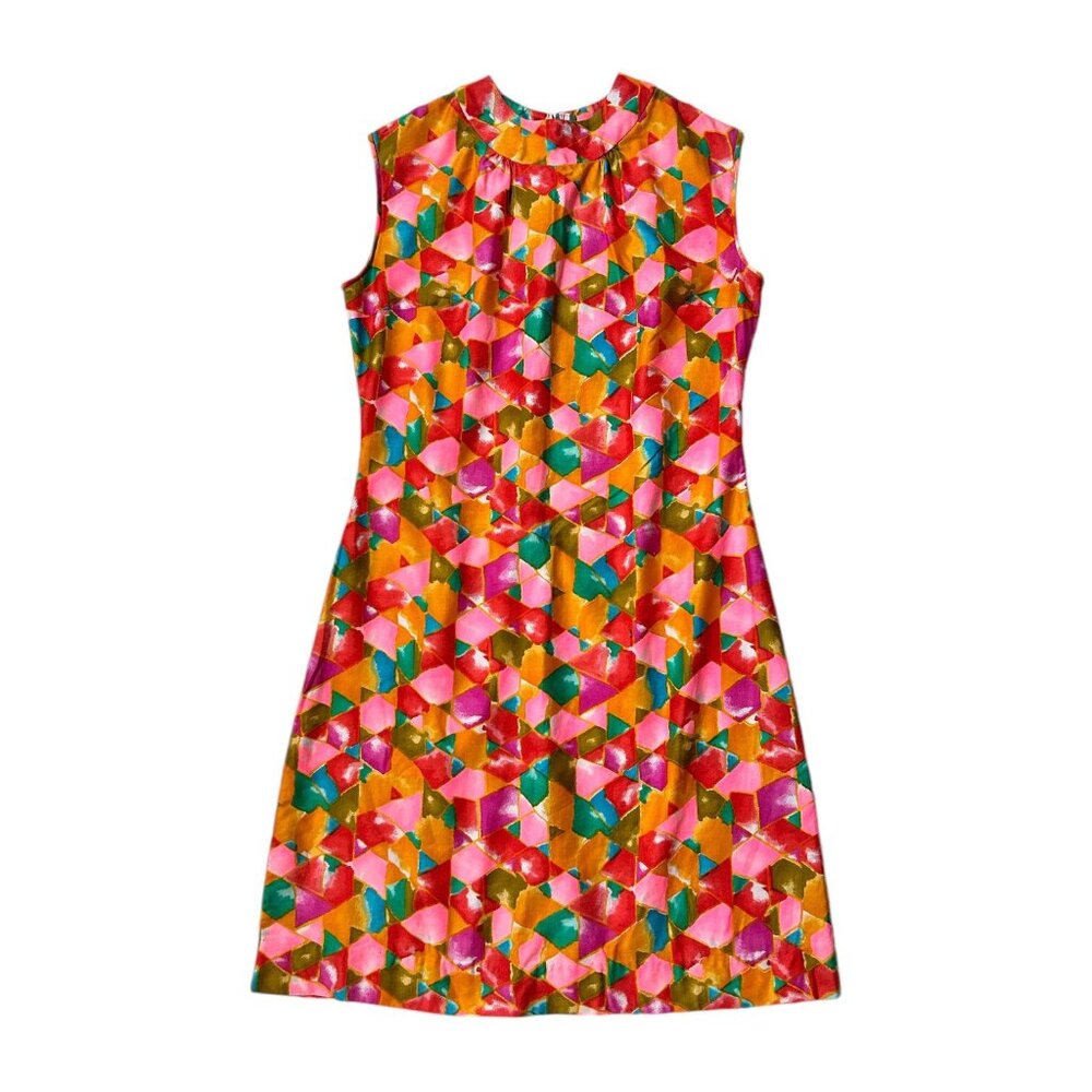 60s vintage mod mini dress shift sleeveless geometric abstract pattern print.